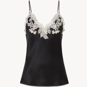La Perla Maison Silk Top w/Hand Embroidered Lace, Black /Ivory, Sz L, New w/Tags